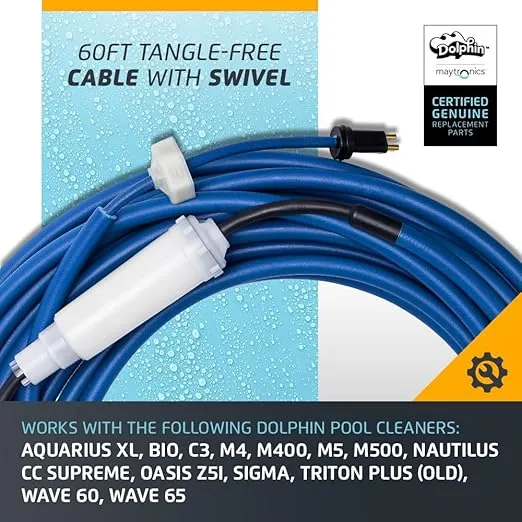 Dolphin Genuine Replacement Part — Durable 60 FT Blue Cable with Swivel for Tangle-Free Operation — Part Number 9995873-DIY