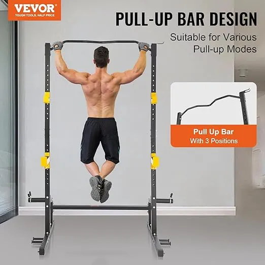VEVOR Squat Stand Power Rack, Multi-Functional Power Rack with Pull up Bar, Hook, and Weight Plate Storage Attachment, Adjustable Power Rack Cage for Home Gym Equipment