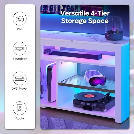 Bestier TV Stand for 70 inch TV, Tall Entertainment Center with 2 Led Lights, Gaming TV Console with Storage for PS5, Modern TV Cabinet for Bedroom, Living Room, White Marble