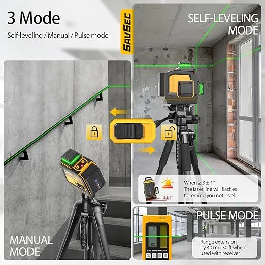 Laser Level 360 Self Leveling, SAVSEC 3 x 360 3D Stepless Dimming(Up to 37H) Green Line Laser, Cross Line Laser Leveler Tool for Construction and Picture Hanging, Rechargeable Battery