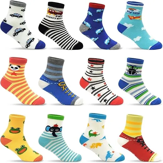 Tphon 12 Pairs Toddler Non Skid Socks with Grips Anti Slip Bottom, Cotton Non Slip Ankle Crew Socks for Boys, Girls, Kids(1-7Years)