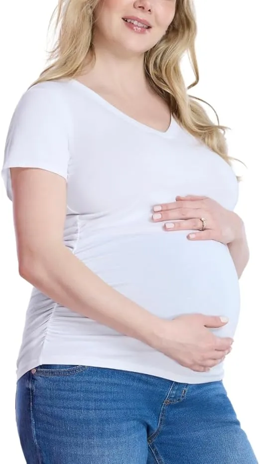 Motherhood Maternity Women's Short Sleeve Side Ruched V-Neck Pregnancy T-Shirt