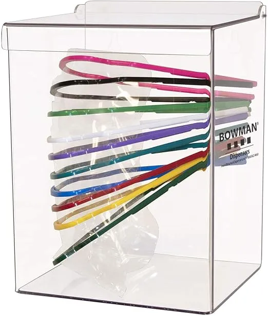 Face Mask Dispenser - Cone - Bulk Holds cone masks or miscellaneous items such as eye shields in bulk Hinged lid Keyholes for wall mounting Clear PETG Plastic. Dims: 6.04"L x 6.70"W x 8.98"H.