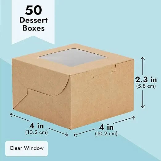 Juvale 50 Pack 4x4x2.5 Mini Dessert Boxes with Window for Bakery - Baked Goods Packaging Containers for Cupcakes, Cookies, Pastry (Kraft Paper)