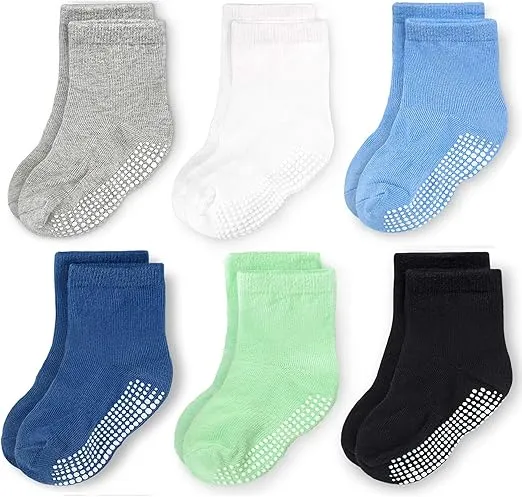 CozyWay Baby Anti Slip Crew Socks 6 Pairs with Grips for Toddlers Little Boys Girls Infants Kids Non Skid