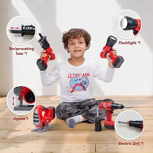 JOYIN 4-in-1 Kids Tool Set, Pretend Play Toddler Tool Toys, Construction Playset with Flashlight, Saw Tools and Electric Drill for Boy Girl Halloween Present Birthday Dress Up Party Favors
