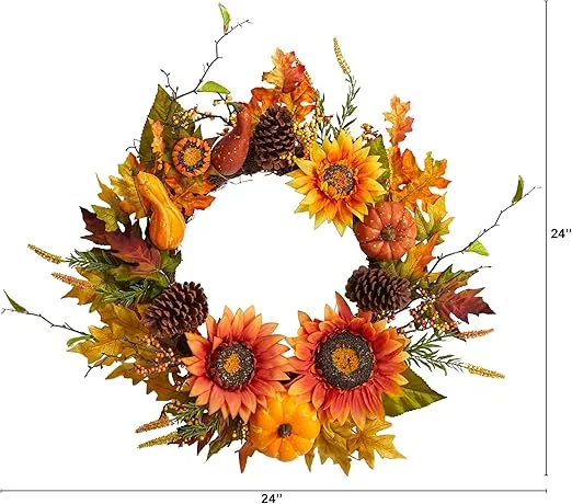 Nearly Natural 24in. Fall Sunflower, Pumpkin, Gourds, Pinecone and Berries Autumn Artificial Wreath