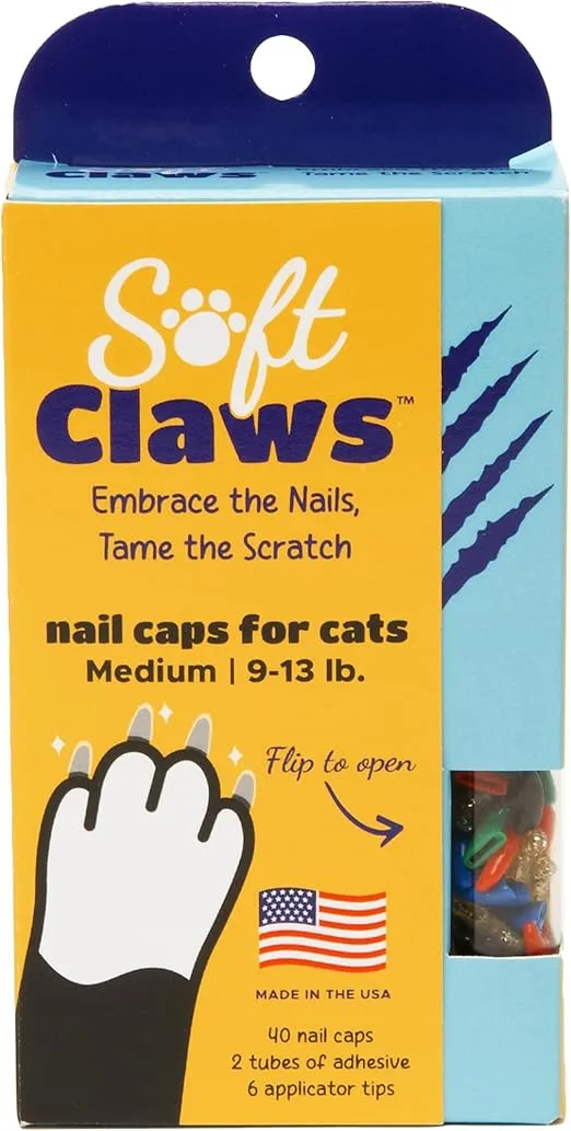 Soft Claws Nail Caps for Cats Made in USA - 40 Cat Claw Caps for 4-6 Weeks of Protection - Long-Lasting Cat Scratch Deterrent for Furniture - The Games (Blue, Black, Red, Gold Sparkle, Green), Medium