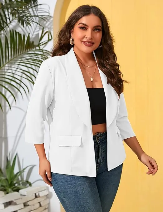 ShopWonder Womens Plus Size Casual Pocketed Blazer Office Open Front 3/4 Sleeve Cardigans Jacket Work Suit