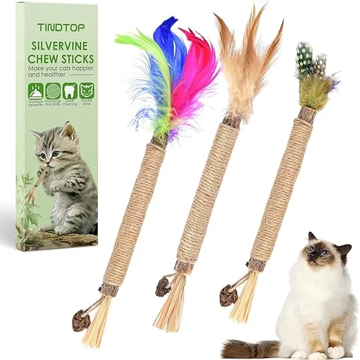 TINDTOP Silvervine Sticks for Cats with Natural Feather, Catnip Chew Toys for Kittens Teeth Cleaning, Matatabi Dental Care, Calm Cat Anxiety and Stress (3 Pack)