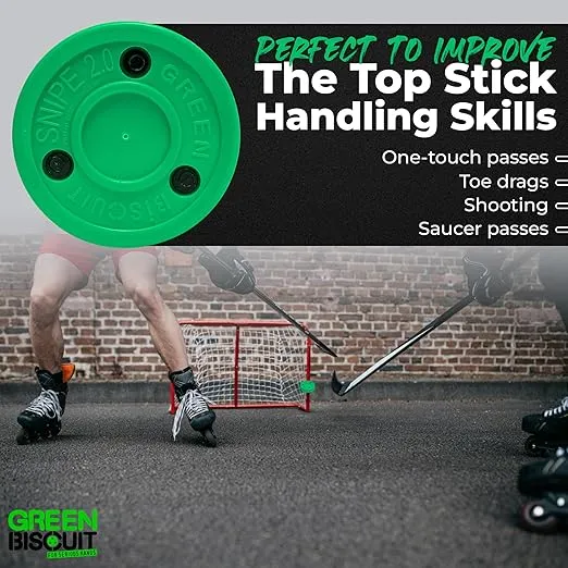 Green Biscuit 4-Pack Off Ice Hockey Pucks - 2 Original Passer and 2 Snipe New 2.0 Puck, Street Hockey Puck for Passing, Stickhandling and Shooting, Plus 1 NHL Puck-Official