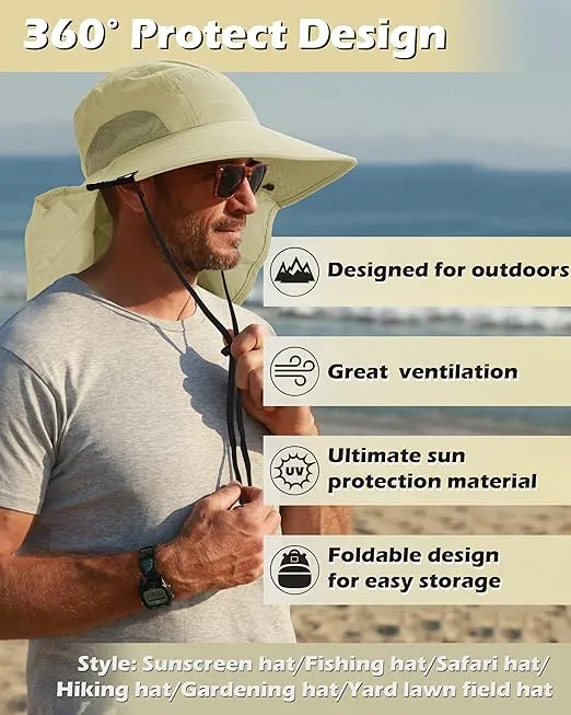 Tirrinia Neck Flap Fishing Safari Cap for Men & Women, Wide Brim Sun Hat for Outdoor Hiking, Camping, Gardening