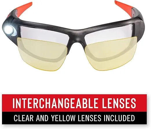 CoastSPG500 Rechargeable Lighted LED SafetyGlasses,Bulls-Eye Spot Beam,ANSI Z87Standards, 2Scratch Resistant Lenses (Clear,Yellow) Included, UVProtection, Protective Carrying Case Included (Black/Red)