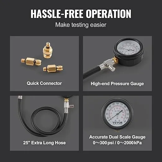 VEVOR Compression Tester Adapter Kit, 9 Pcs Automotive Engine Cylinder Leak Down Compression Test, Accurate Dual Scale Pressure Gauge 0-300 psi, with Long Reach Hoses and Case for Engine Cylinders