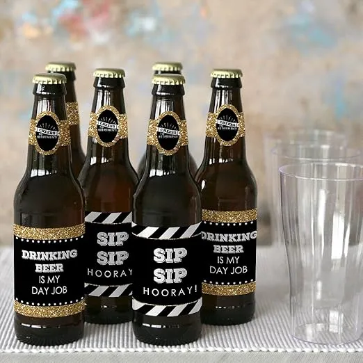 Big Dot of Happiness Happy Retirement - Retirement Party Decorations for Women and Men - 6 Beer Bottle Label Stickers and 1 Carrier