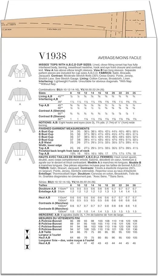 Vogue Misses' Close-Fitting Lined Corset Tops Sewing Pattern Packet, Design Code V1938, Sizes 18-20-22-24-26, Multicolor