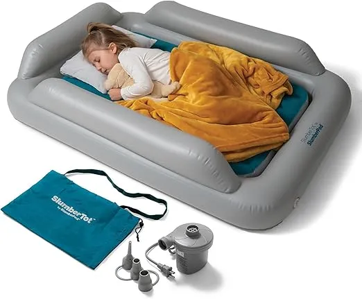 SlumberPod SlumberTot Inflatable Toddler Travel Bed - Portable Kids Air Mattress with Safety Bumpers - Perfectly Sized Ideal for Travel or Home Use - Includes Electric Pump