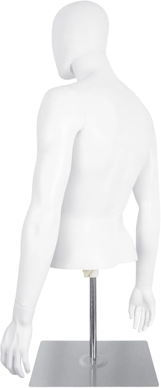 SHAREWIN Male Mannequin with Metal Stand Adjustable Plastic Half Body Display Mannequin Head, for Retail Clothing Shops (White)