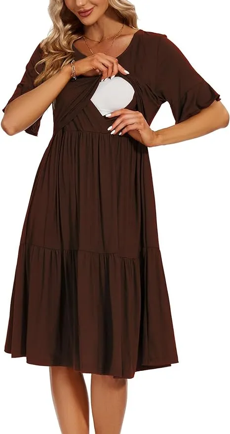 Smallshow Women's Maternity Nursing Dress Ruffle Short Sleeve Breastfeeding Clothes