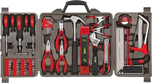 Apollo Tools 71 Piece Complete Household Tool Set with Clamp, Hacksaw, Carpenter Square, Screwdriver and Plier Sets for College, Home Repairs and DIY - Red - DT0204