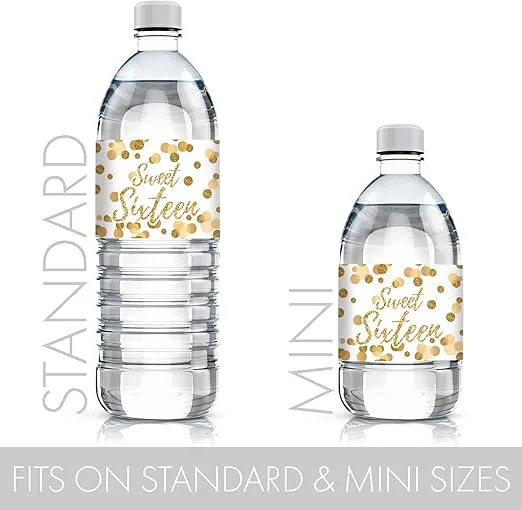 White and Gold Sweet 16 Party Water Bottle Labels - 16th Sixteen Birthday Waterproof Wrappers - 24 Stickers