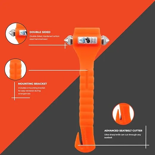 Lifehammer Brand Car Safety Hammer, the Original Emergency Escape and Rescue Tool with Seatbelt Cutter, Made in the Netherlands, Glow Orange (Pack of 2)