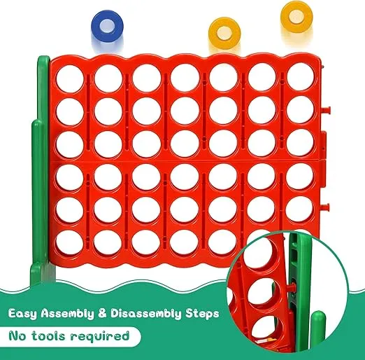 GLACER Giant 4-in-A-Row, Jumbo 4-to-Score Giant Game Set, Outdoor Connect-All-4 Game Set w/Basketball Hoop, Ring Toss, Quick-Release Slider, 42 Jumbo Rings, Backyard Games for Kids & Adults