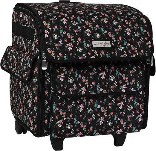 Everything Mary Serger Machine Rolling Storage Case, Black Floral - Carrying Bag for Overlock Machines - for Brother, Singer, & Juki Sergers - Organizer Tote for Sewing Thread & Supplies