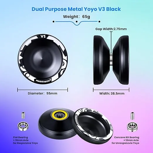 MAGICYOYO V3 Yoyo for Kids 8-12 or Above, Responsive Yoyo Professional with Dual Function, Professional Trick Yo yo for Adults with 12 Yoyo Strings, KK Bearing, Bearing Puller, Axle, Yoyo Case - Black