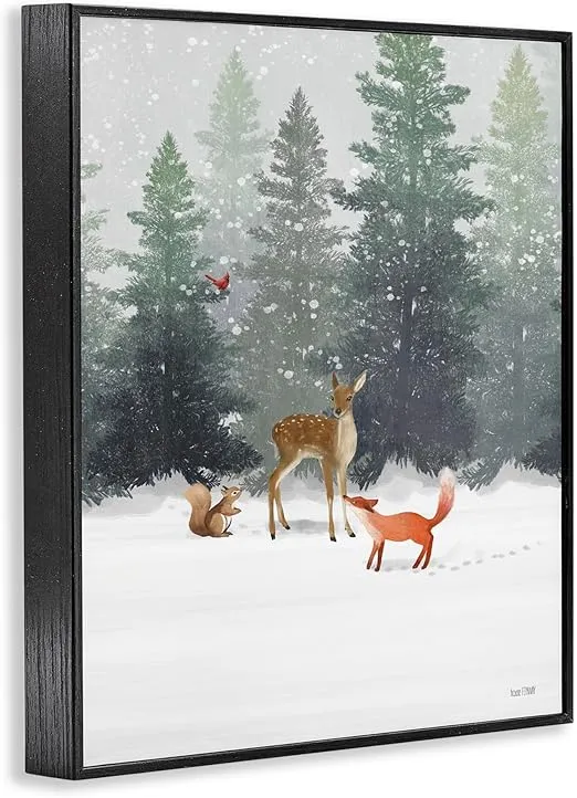 Stupell Industries Winter Season Forest Animals Fox Deer Squirrel, Design by House Fenway Black Framed Wall Art, 11x14, Off- White