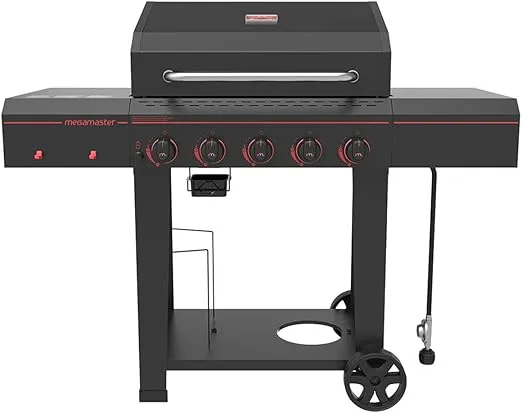 Megamaster 720-0982 5 Burner Propane Barbecue Gas Grill, Side Shelves with Hooks, for Outdoor Cooking, Patio, Garden Barbecue Grill, 50000 BTUs, Open Chart, Black