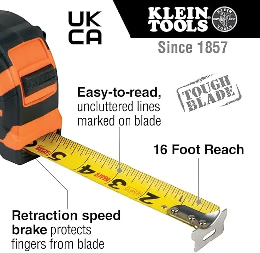Klein Tools 9125 Tape Measure, Heavy-Duty Measuring Tape with 25-Foot Single-Hook Nylon Reinforced Blade, With Metal Belt Clip