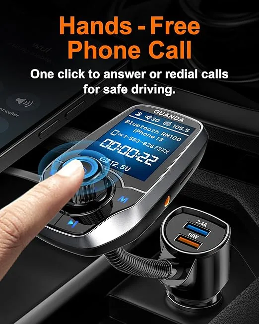 Upgraded Bluetooth FM Transmitter for Car, Wireless Radio Adapter Kit W 1.8" Color Display Hands-Free Call AUX in/Out SD/TF Card USB Fast Charging 18W for All Smartphones Audio Players - Pewter