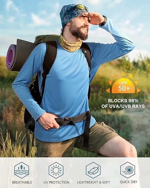 Roadbox Mens UPF 50+ UV Sun Protection Shirts Outdoor Long Sleeve SPF Rash Guard for Fishing Hiking Swimming Running
