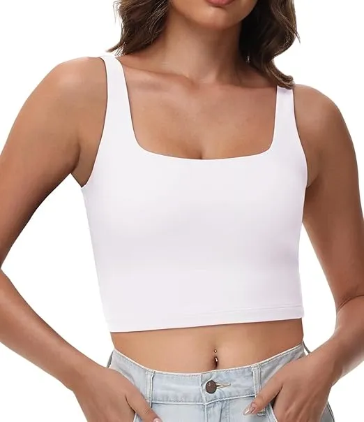 Women's Double Lined Square Neck Tank Tops Sleeveless Workout Fitness Casual Basic Crop Tops