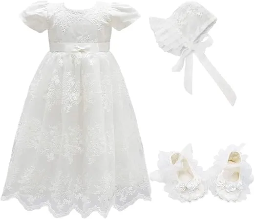 Glamulice Baby Girls Christening Baptism Dress Newborn Floral Embroidered Lace Dresses for Toddler