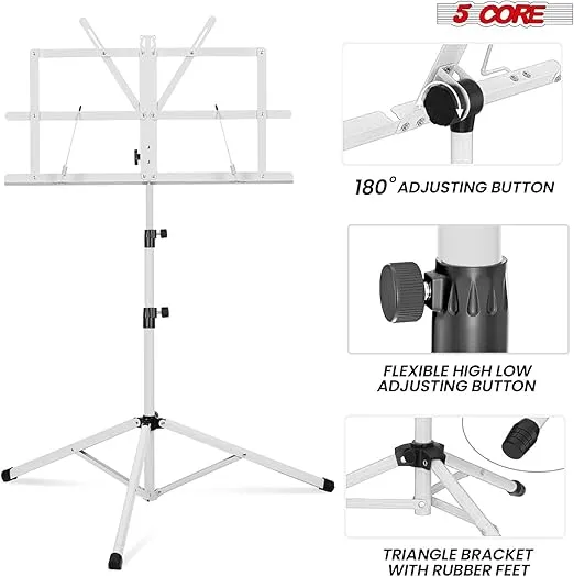5 CORE Sheet Music Stand 2 in 1 Dual Use Professional Portable Adjustable 25-52 Inch Folding Music Note Holder Tripod Stands White MUS FLD WH