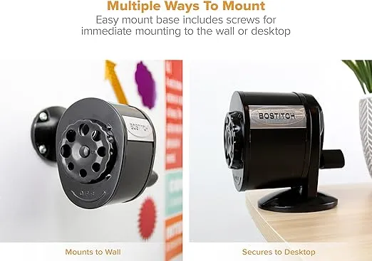 Bostitch Office Wall Mount Manual Pencil Sharpener, Tip Saver, 8 Hole Dial, 6X Longer Cutter Life, Vertical or Horizontal Mounting Black (MPS1-BLK)