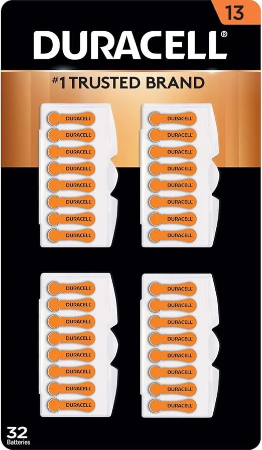 Duracell Hearing Aid Batteries Orange Size 13, 32 Count Pack, 13A Size Hearing Aid Battery with Long-Lasting Power, Extra-Long EasyTab Install for Hearing Aid Devices