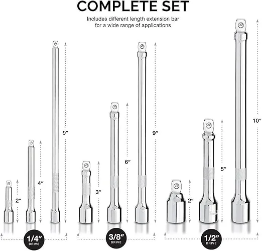 NEIKO 00249A Wobble Extension Bar Set | 9 Piece | 1/4”, 3/8”, 1/2” Drives | Cr-V Steel