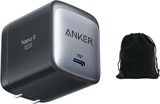 Anker Nano II 65W USB-C Charger, GaN II Fast Charging, Compact Power Adapter for MacBook, iPhone 13/14/15, Samsung Galaxy, iPad Pro, AirPods, USB-C Laptops, and More, Include Travel Pouch