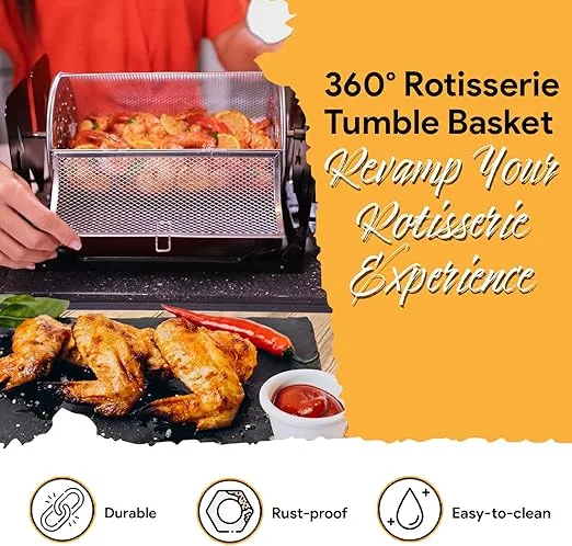 Family Bundle - Cordless Rotisserie Kit for Grills, Ovens, Smokers - Non-Electric Spit Roaster - Indoor/Outdoor BBQ - Durable Black Finish - Includes Rotisserie Attachments