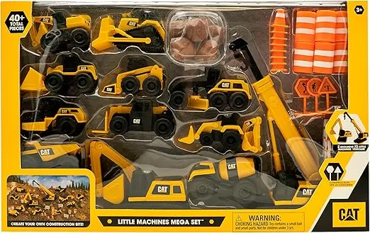 CAT Construction Toys, Little Machines Mega Set, 40-Piece Yellow Vehicles and Construction Site Accessories, Includes Dump Truck, Crane, Excavator, Bulldozer and more, for Kids and Toddlers Ages 3+