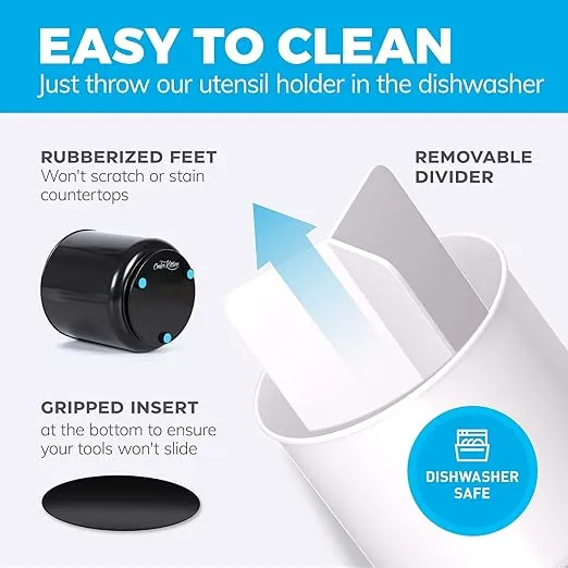Rotating Extra Large White Plastic Utensil Holder Caddy with Sturdy No-Tip Weighted Base, Removable Divider, and Gripped Insert - Dishwasher Safe Kitchen Utensil Holder for Countertop