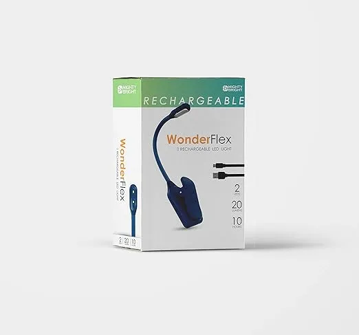 The Original Mighty Bright WonderFlex Rechargeable Book Light, 20 Lumens of Warm Eye-Care Light, 3 Brightness Levels, 45 Hours of Battery Life, Durable, Flexible (Midnight Blue)