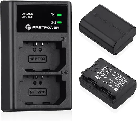 FirstPower NP-FZ100 Battery 2-Pack and Dual USB Charger Compatible with Sony Alpha A7 III, A7 IV, A7R III/A7R3, A7R IV, A7S III, A7C, A6600, A1, A9, A9II, A9R, A9S, FX3, FX30, ZV-E1 Camera