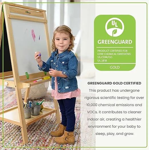 Little Partners Folding EZ Painting Easel for Kids, Dual-Sided Art Easel for Kids Art Station, Folds Flat with Chalkboard, Dry Erase Whiteboard, Paper, Eraser, Paint Cups, Shelf (Natural)