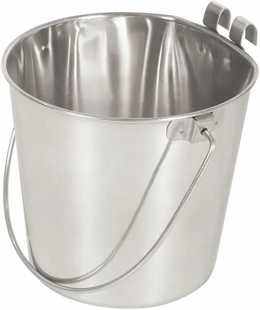 9 Quart Stainless Steel Bucket with Dual Hook | Perfectly Fits on Kennels, Cages and Critter Crates | Heavy Duty Bucket for Pets Cleaning & Food Prep - Flat Sided Pail