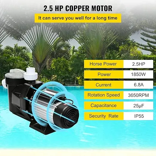 VEVOR Above Ground Pool Pump 2.5HP, Single Speed Swimming Inground Pool Pump 110V, High Flow 148GPM, 1.5" NPT Inlet/Outlet Black