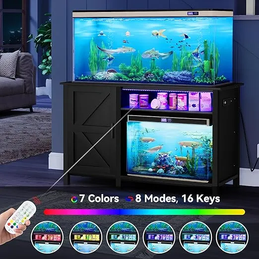 YITAHOME Aquarium Stand with Power Outlets, 55-75 Gallon Fish Tank Stand, Cabinet with RGB Light Strip Suitable for Turtle Tank, Reptile Terrarium, 900LBS Capacity, Black